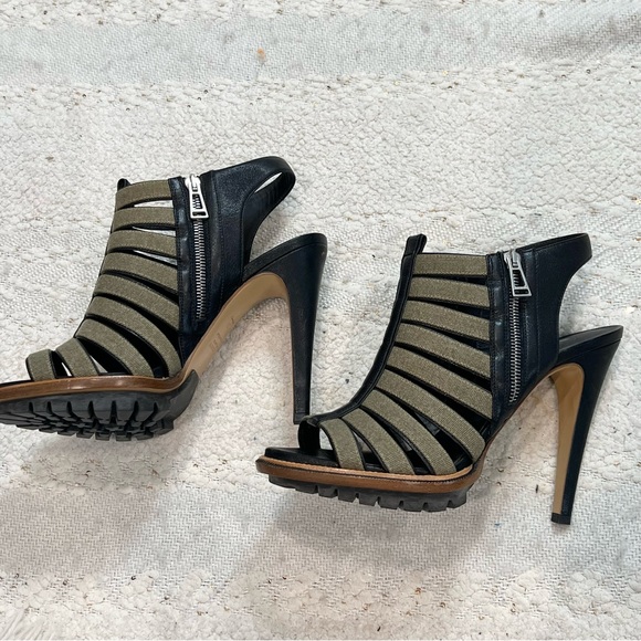 Belstaff Heels Black Leather/Green Canvas Peep Toe Caged Gladiator Sling Backs 8 - Picture 5 of 9